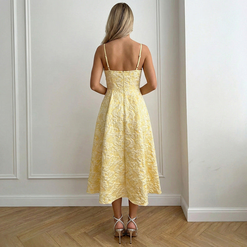 Floral Jacquard Dress Elegant A Line Backless Midi