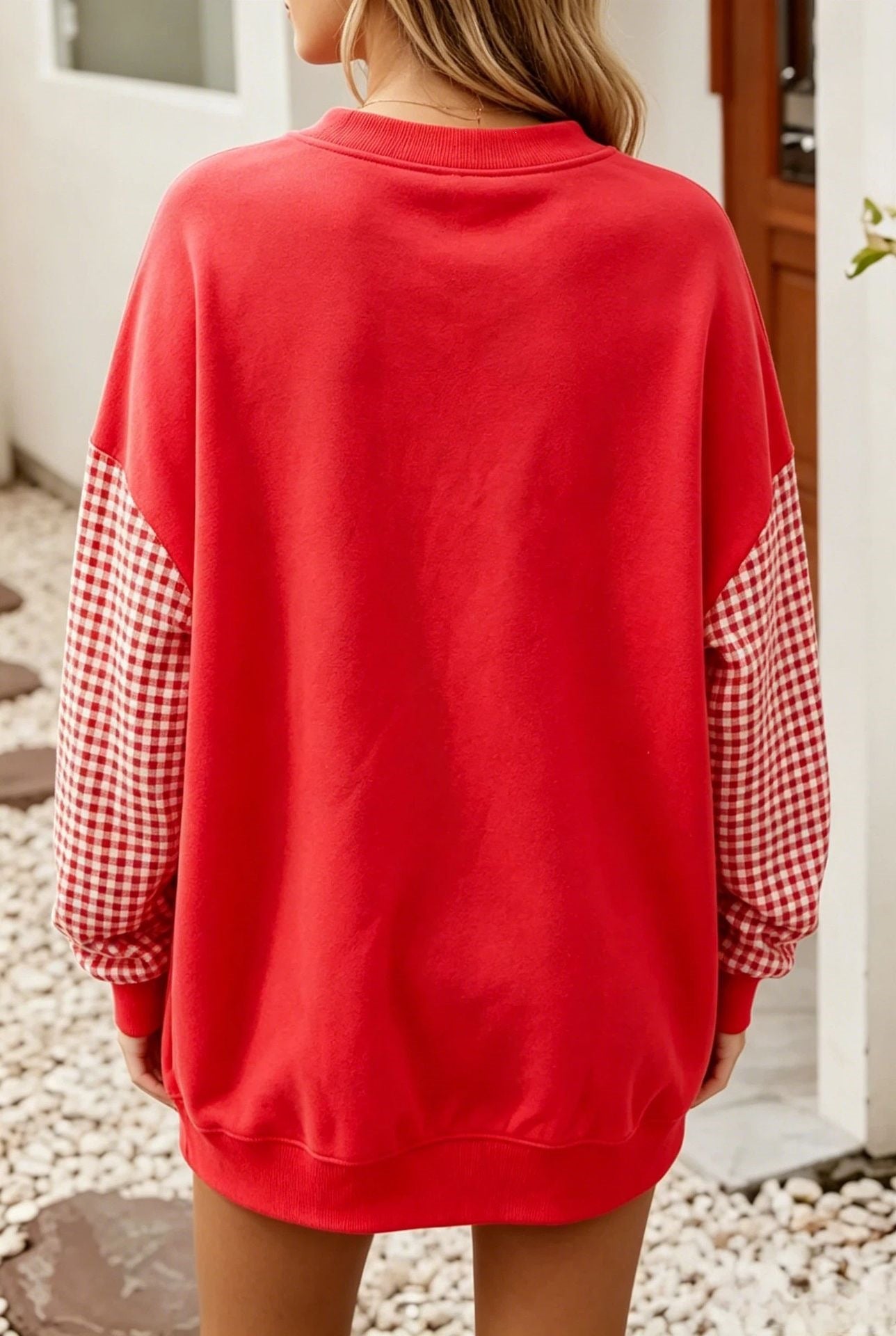 Gingham Knit Sweatshirt Oversized Colorblock Pullover