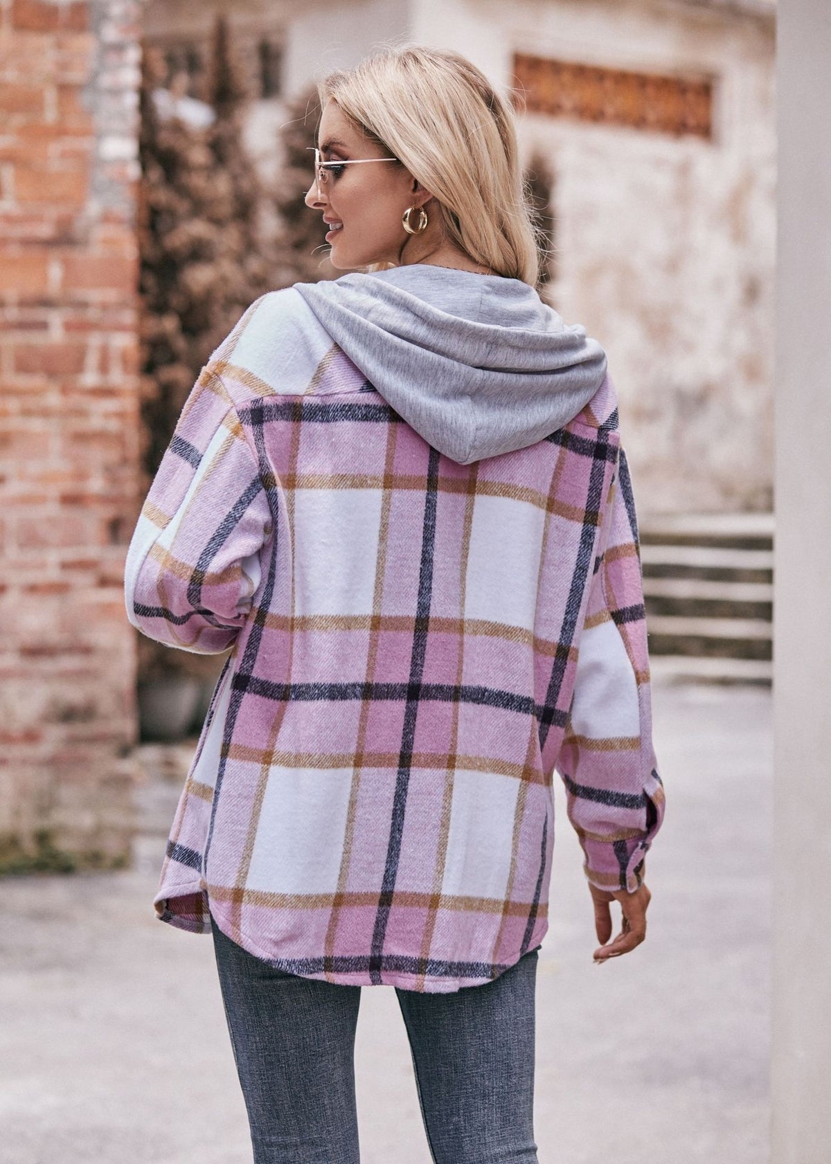 Women's Hooded Plaid Shacket Oversized Shirt Jacket