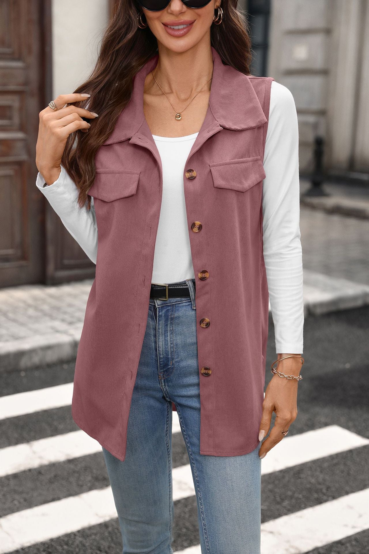 Solid Corduroy Vest Button Front Oversized Casual Layering