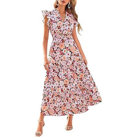 Floral V Neck Flutter Sleeve A Line Midi Dress