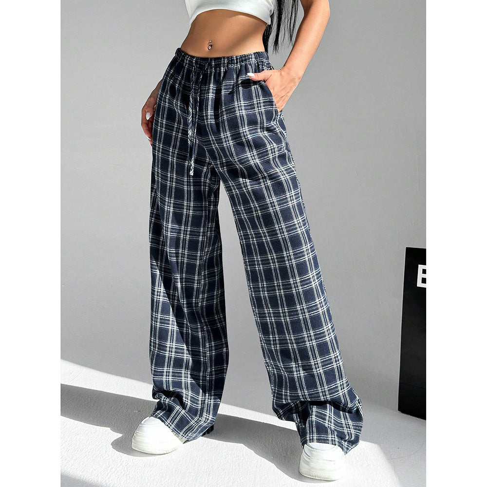 Gingham Check Wide Leg Casual Pants