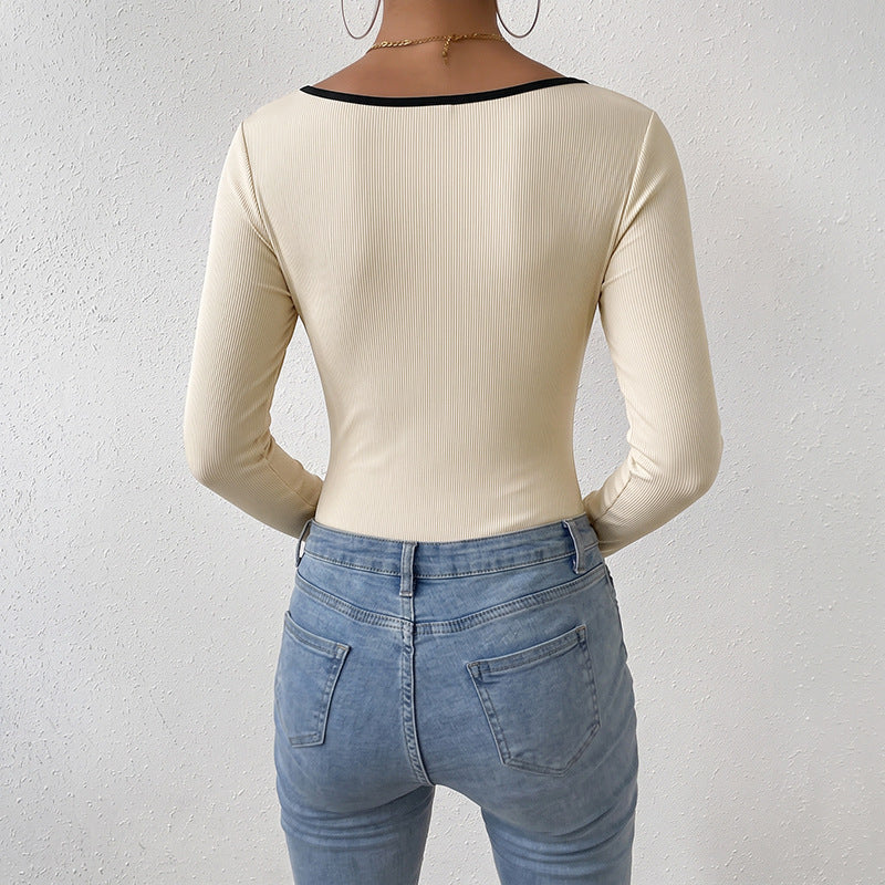 Women's Ribbed Long Sleeve Bodysuit Contrast Trim V Neck