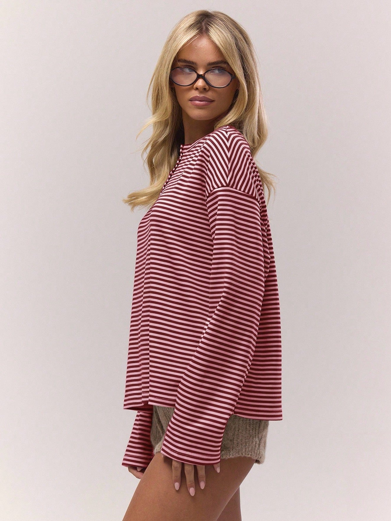 Striped Cotton Top Casual Henley Oversized Long Sleeve