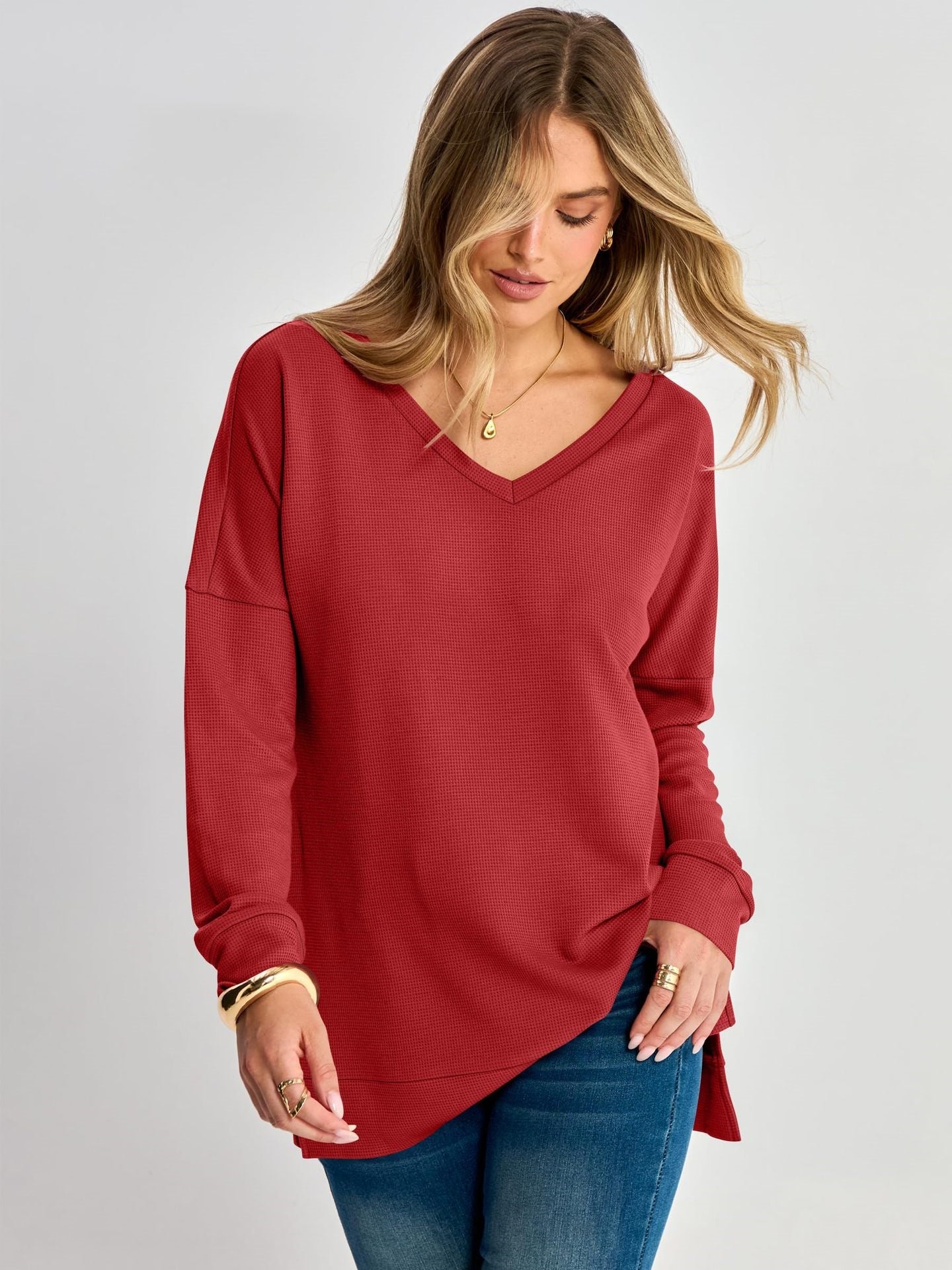 Waffle Knit V Neck Top Relaxed Long Sleeve