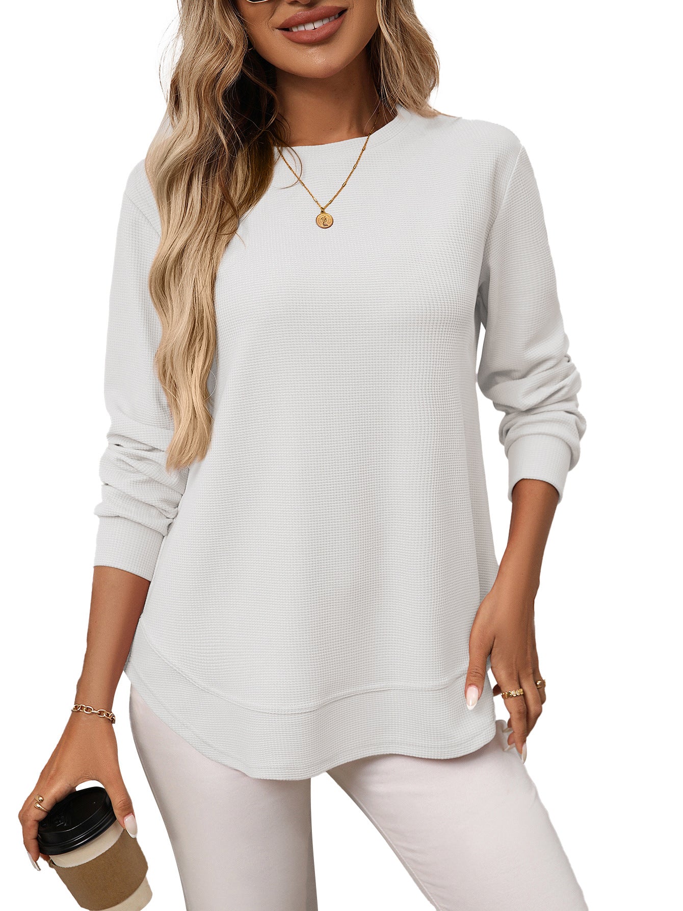 Waffle Knit Long Sleeve Top Relaxed Fit Casual Pullover