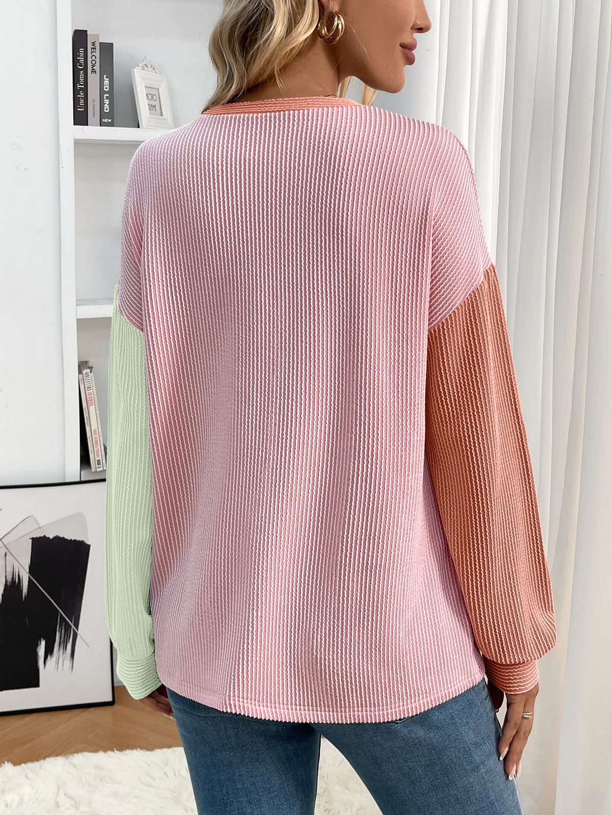 Women's Color Block Oversized Crewneck Pullover Top