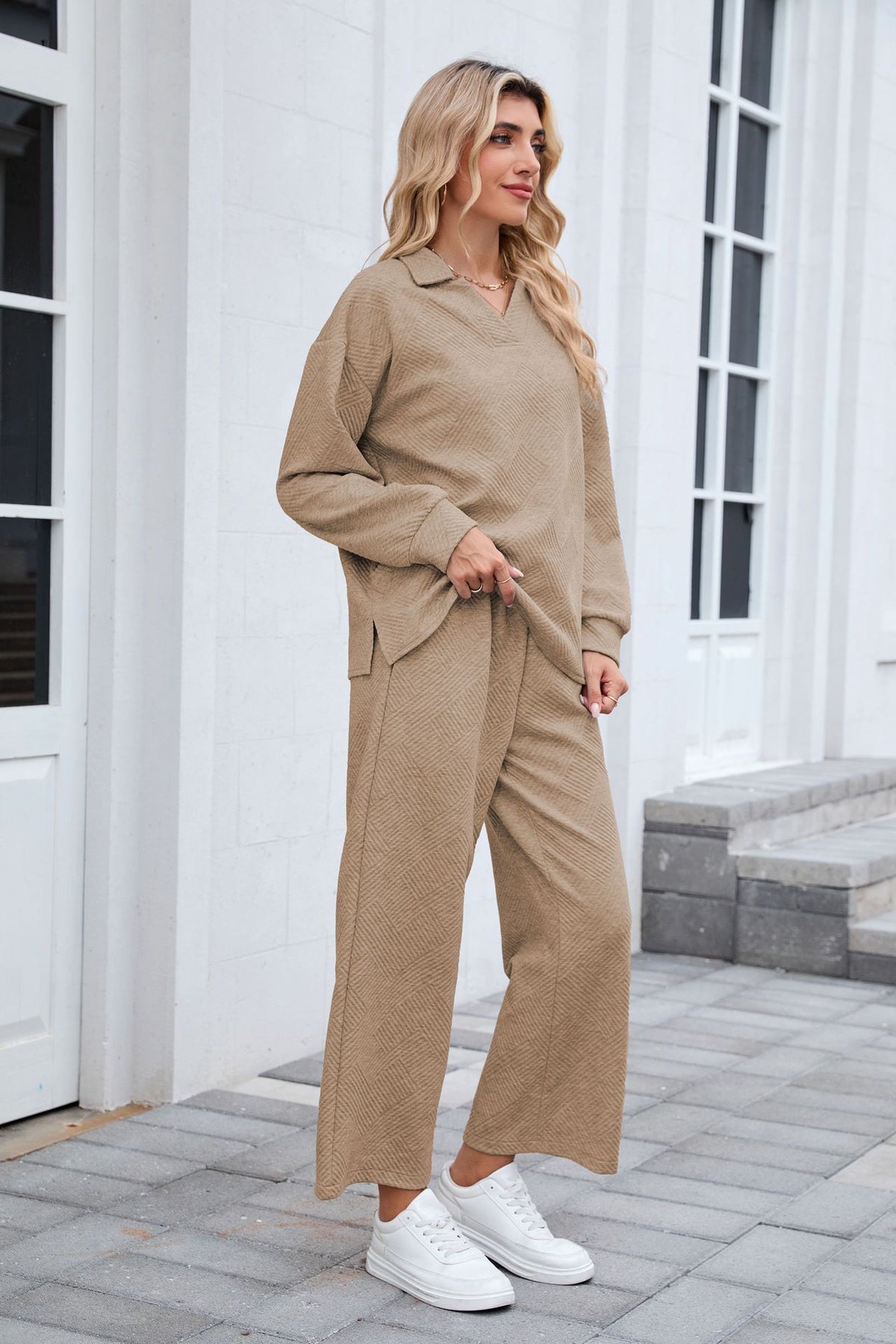 Women's Collared Sweatshirt & Wide Leg Pants Matching Set