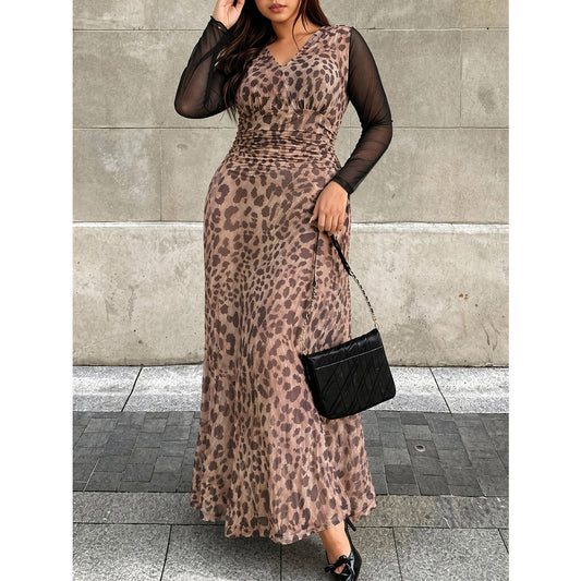 Plus Size Leopard Mesh Sleeve Maxi Dress