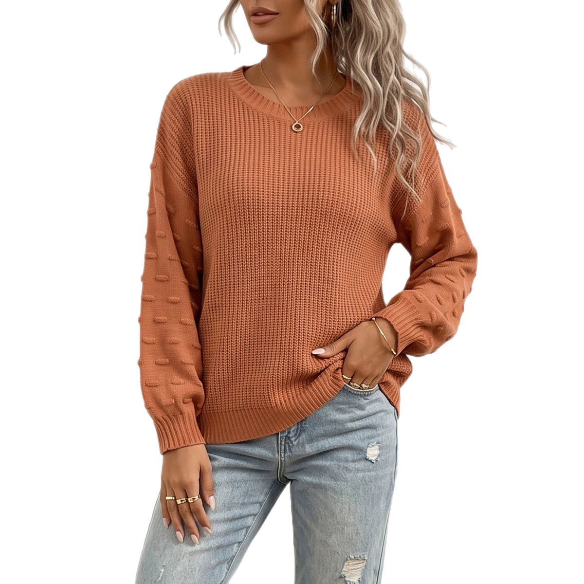 Women's Crewneck Bobble Sleeve Knit Sweater