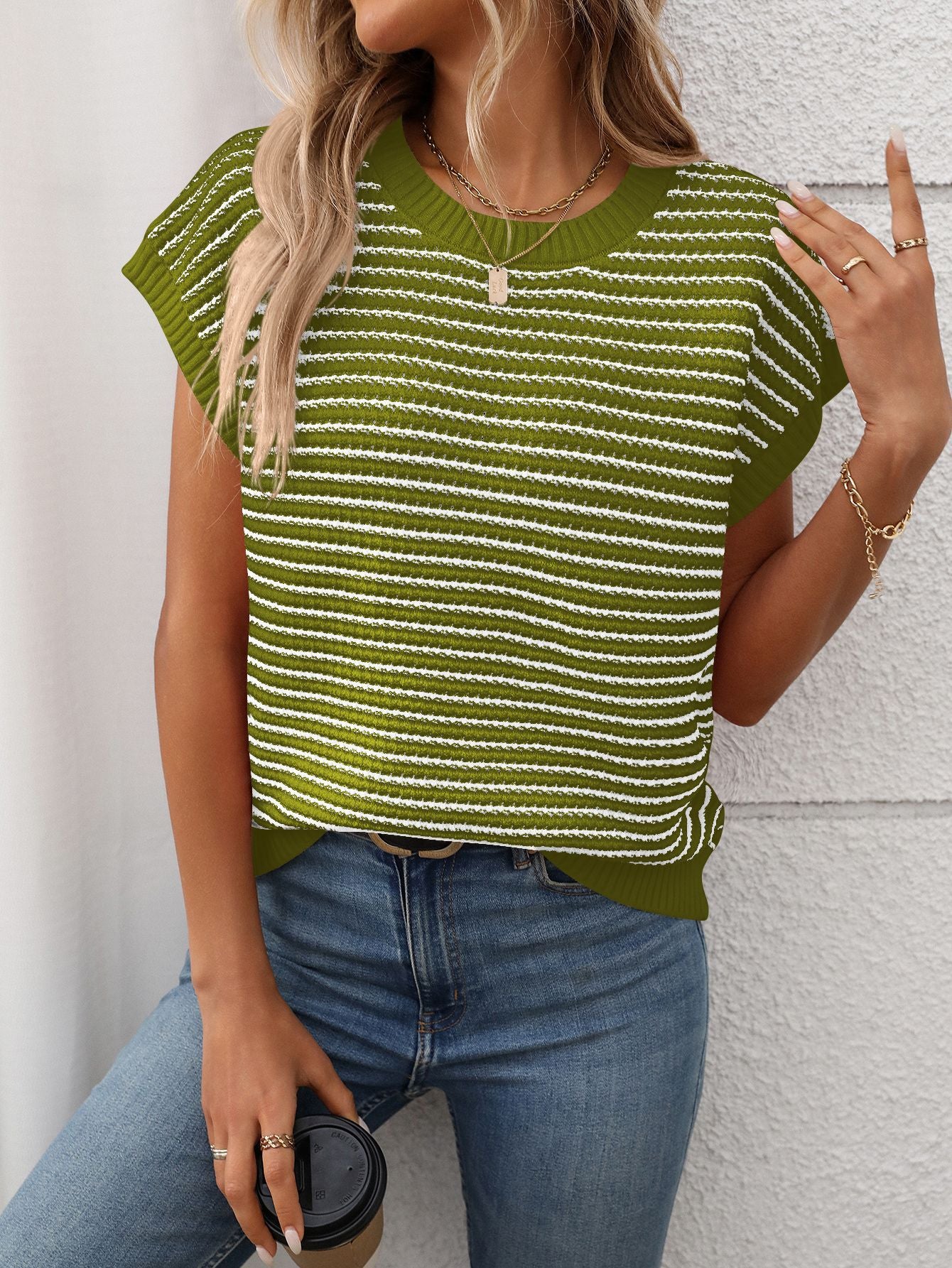 Red Stripe Lightweight Knit Short Sleeve Sweater Top