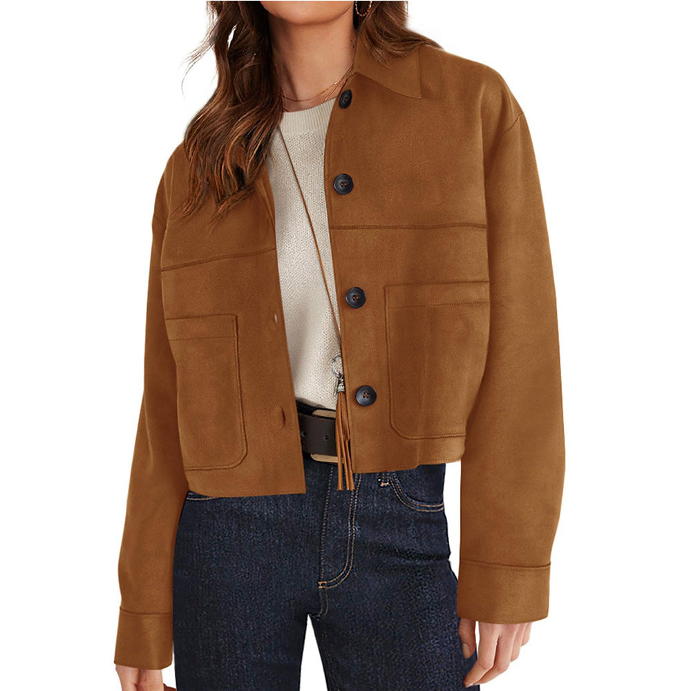 Solid Suede Jacket Western Cropped Button Front