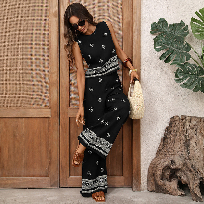Womens Boho Two Piece Set Sleeveless Top Wide Leg Pants