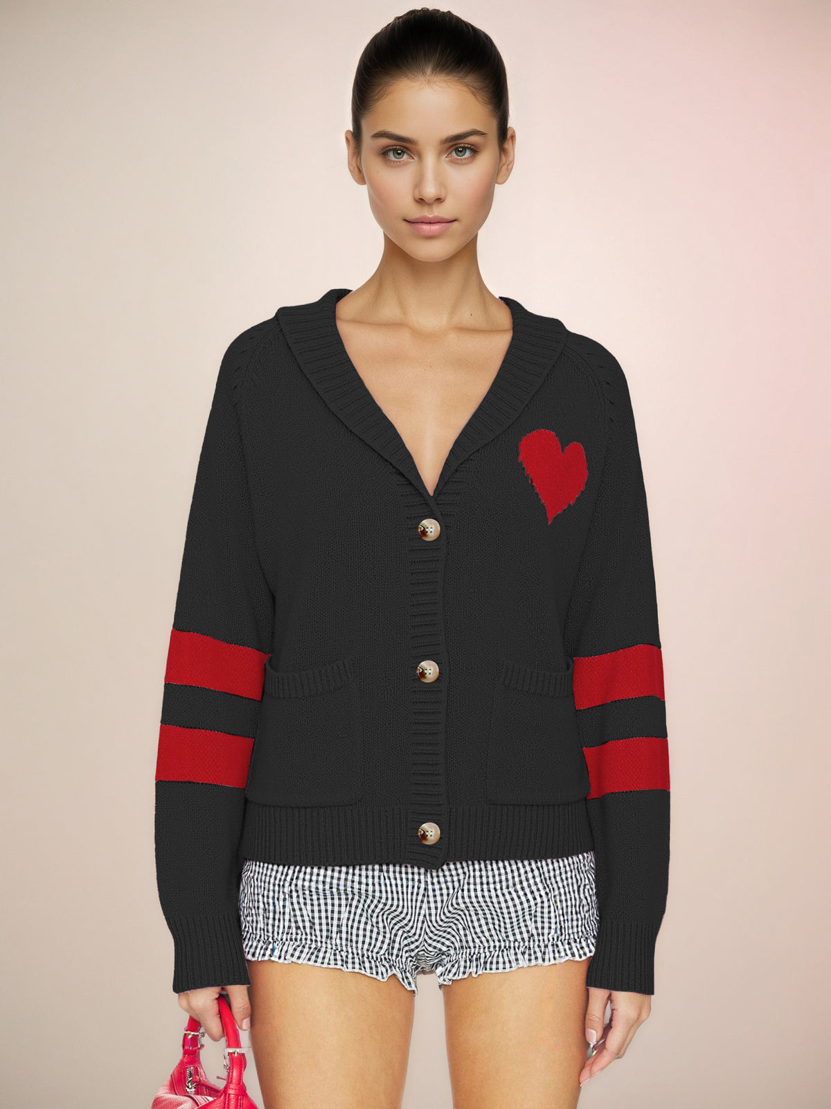 Women's Heart Striped Sleeve Knit Cardigan Sweater