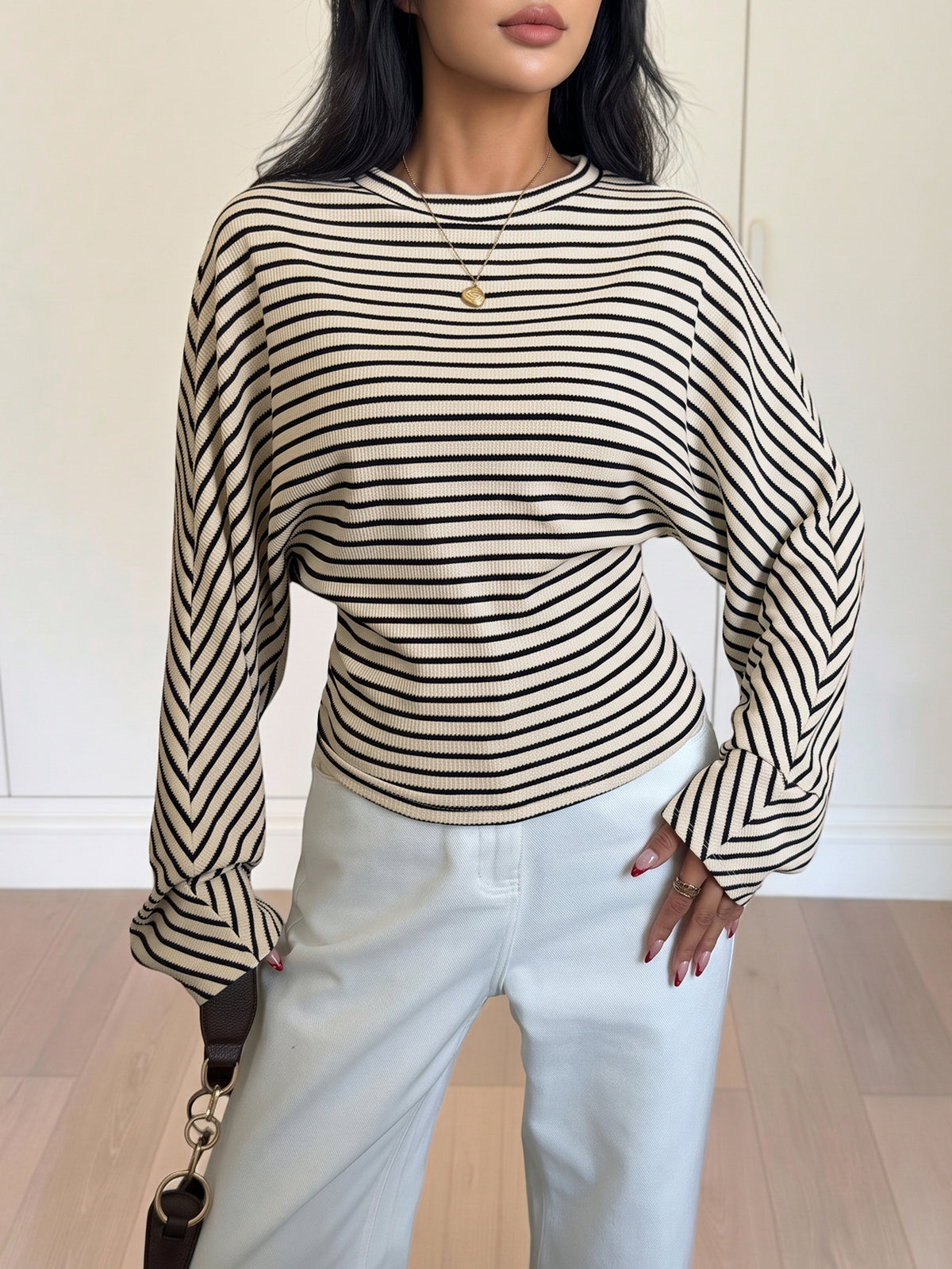 Striped Waffle Knit Dolman Sleeve Fitted Waist Top