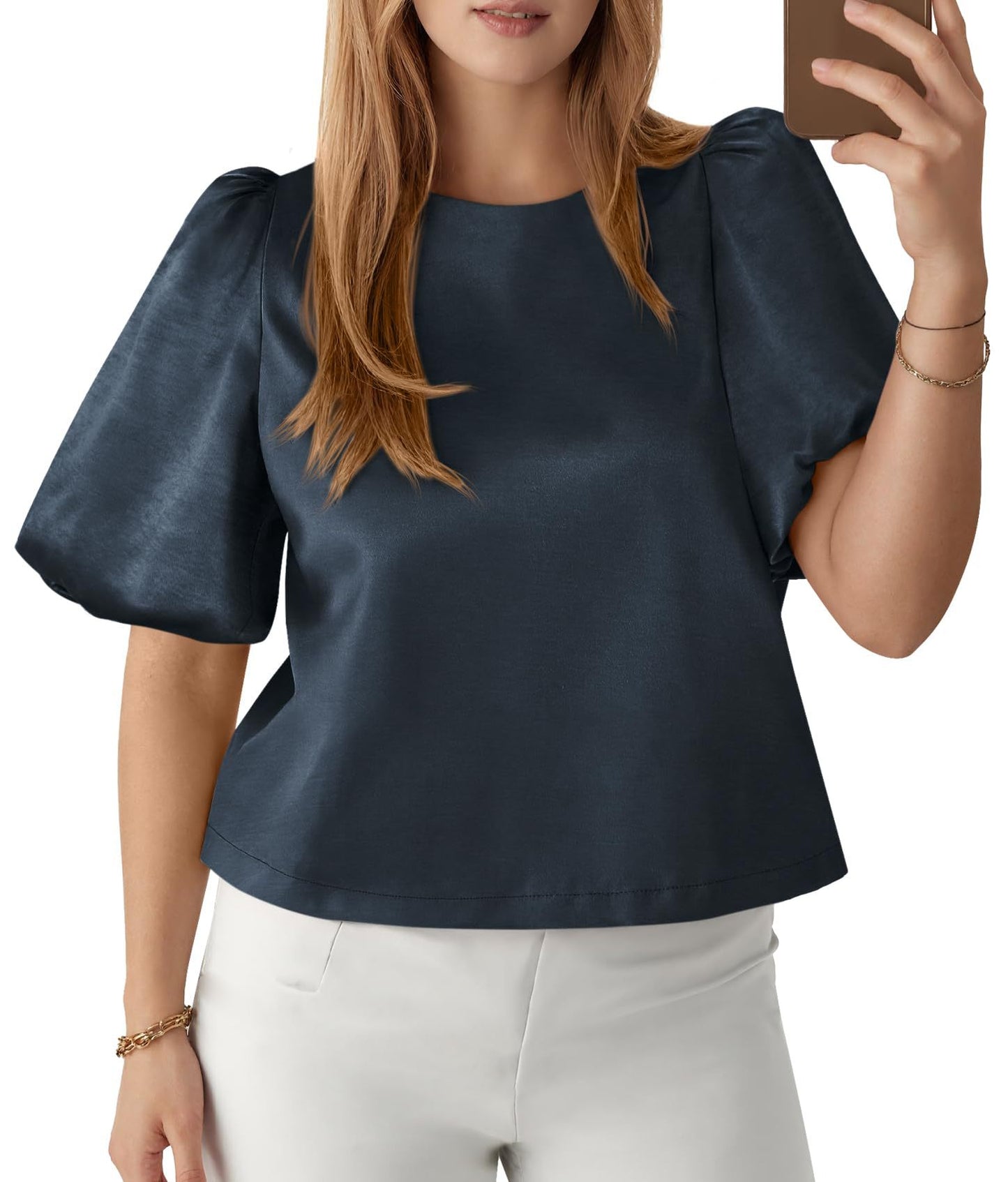 Satin Puff Sleeve Round Neck Elegant Blouse Top