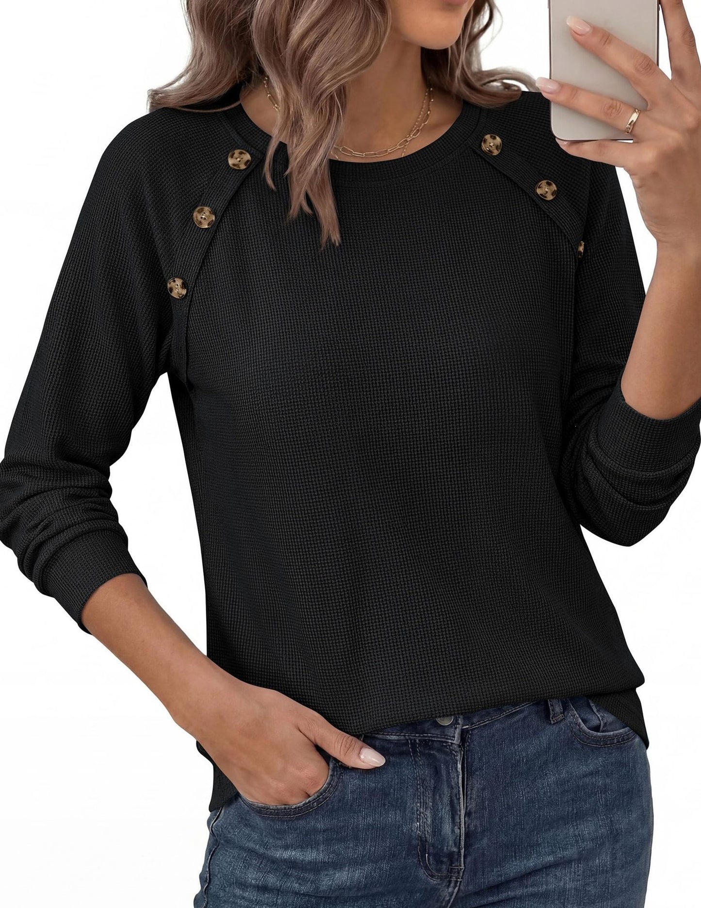Waffle Knit Button Detail Top Long Sleeve Casual Pullover