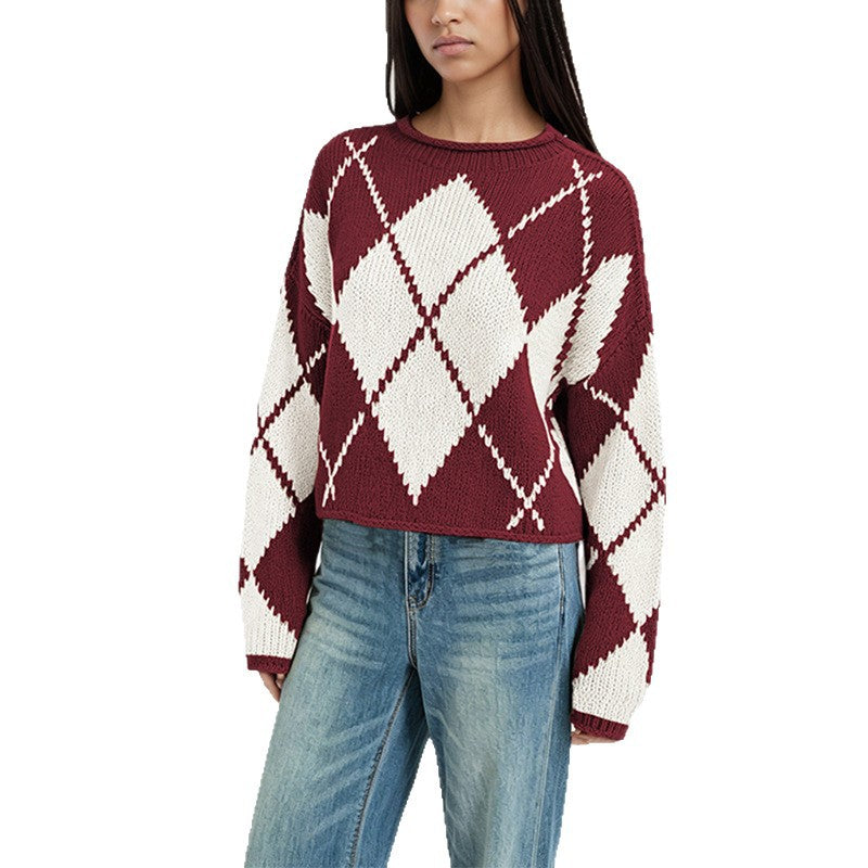 Women's Oversized Argyle Crewneck Sweater
