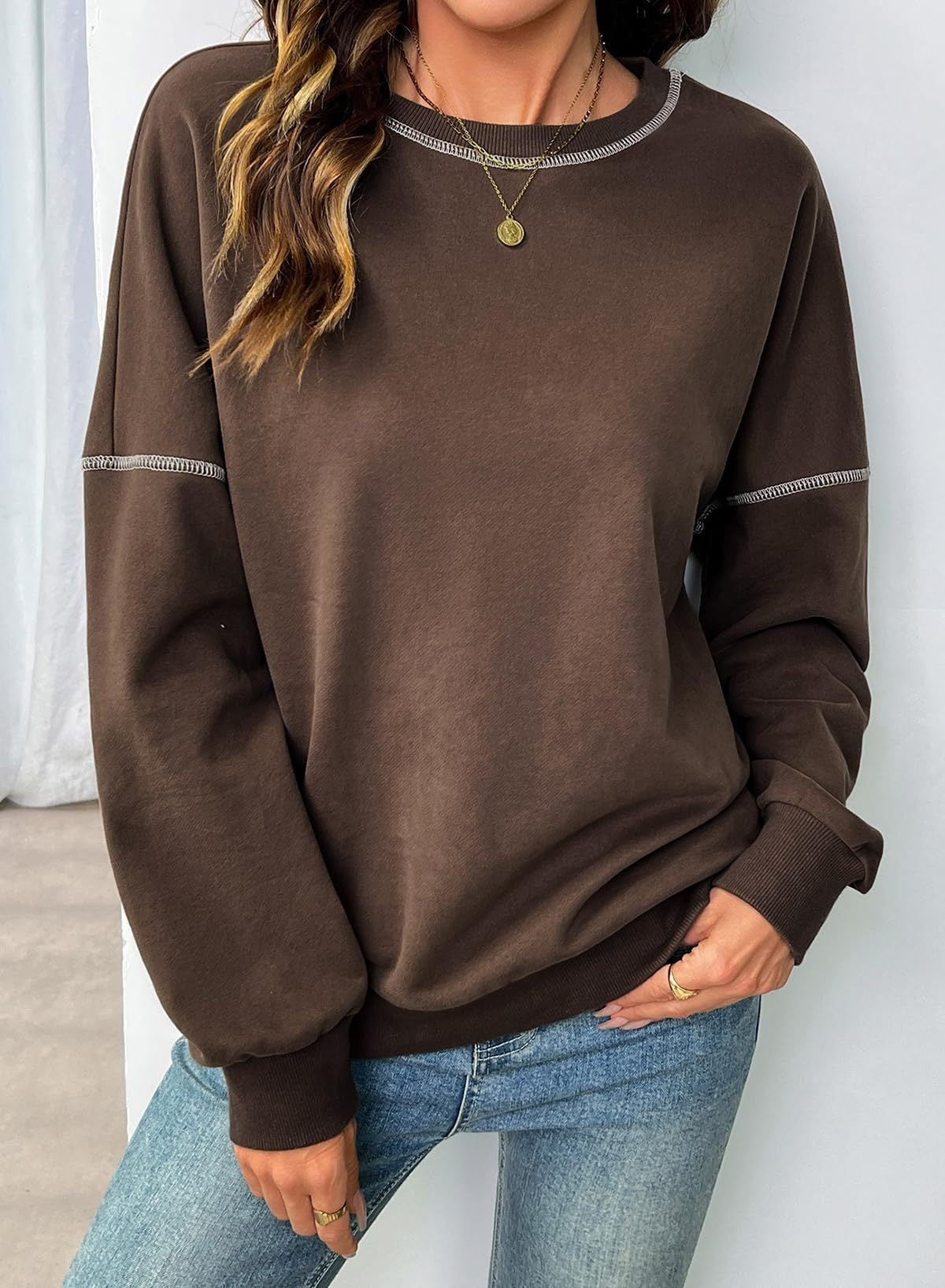 Contrast Stitch Crew Neck Casual Sweatshirt Pullover