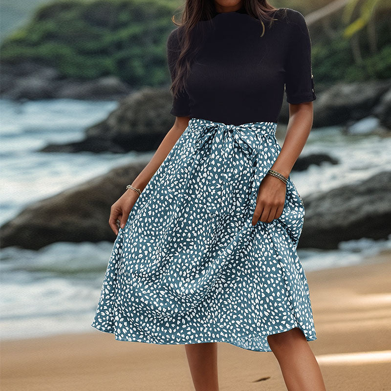 A-Skirt Solid Color Printed Patchwork Dress