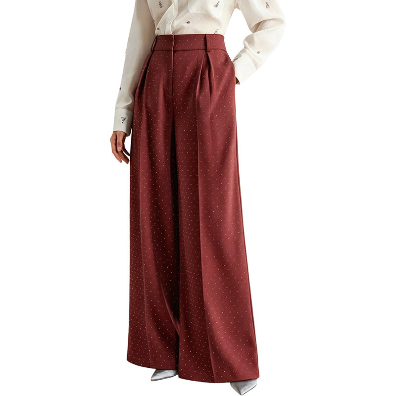 Rhinestone High Waist Pleated Wide Leg Dress Pants
