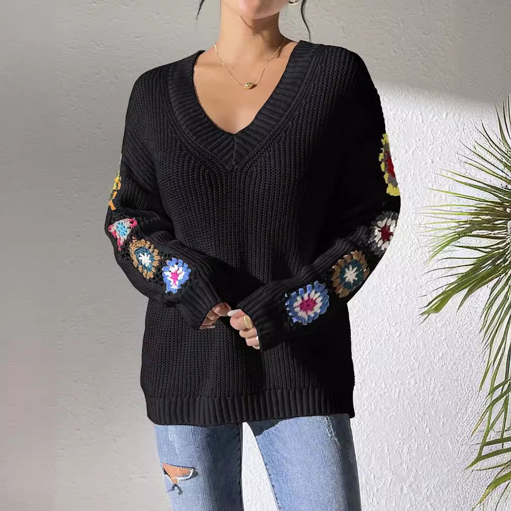 Women's Crochet Patchwork V-Neck Knit Sweater