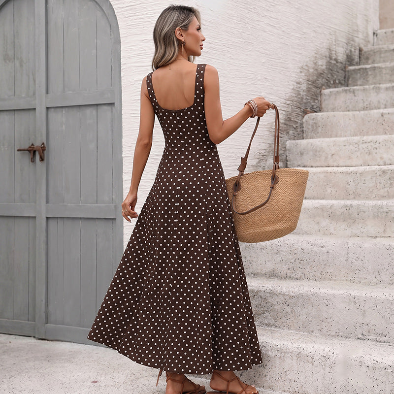 Polka Dot Chiffon Maxi Dress Resort Square Neck