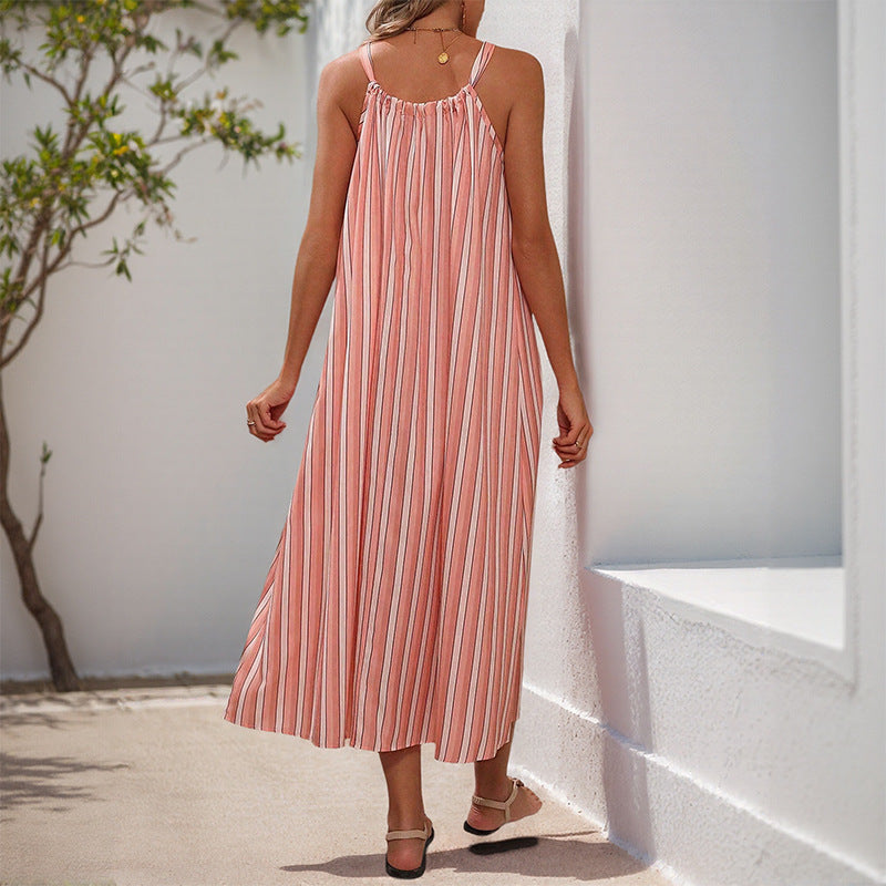 Striped Tie Neck Sleeveless Loose Fit Midi Dress Summer