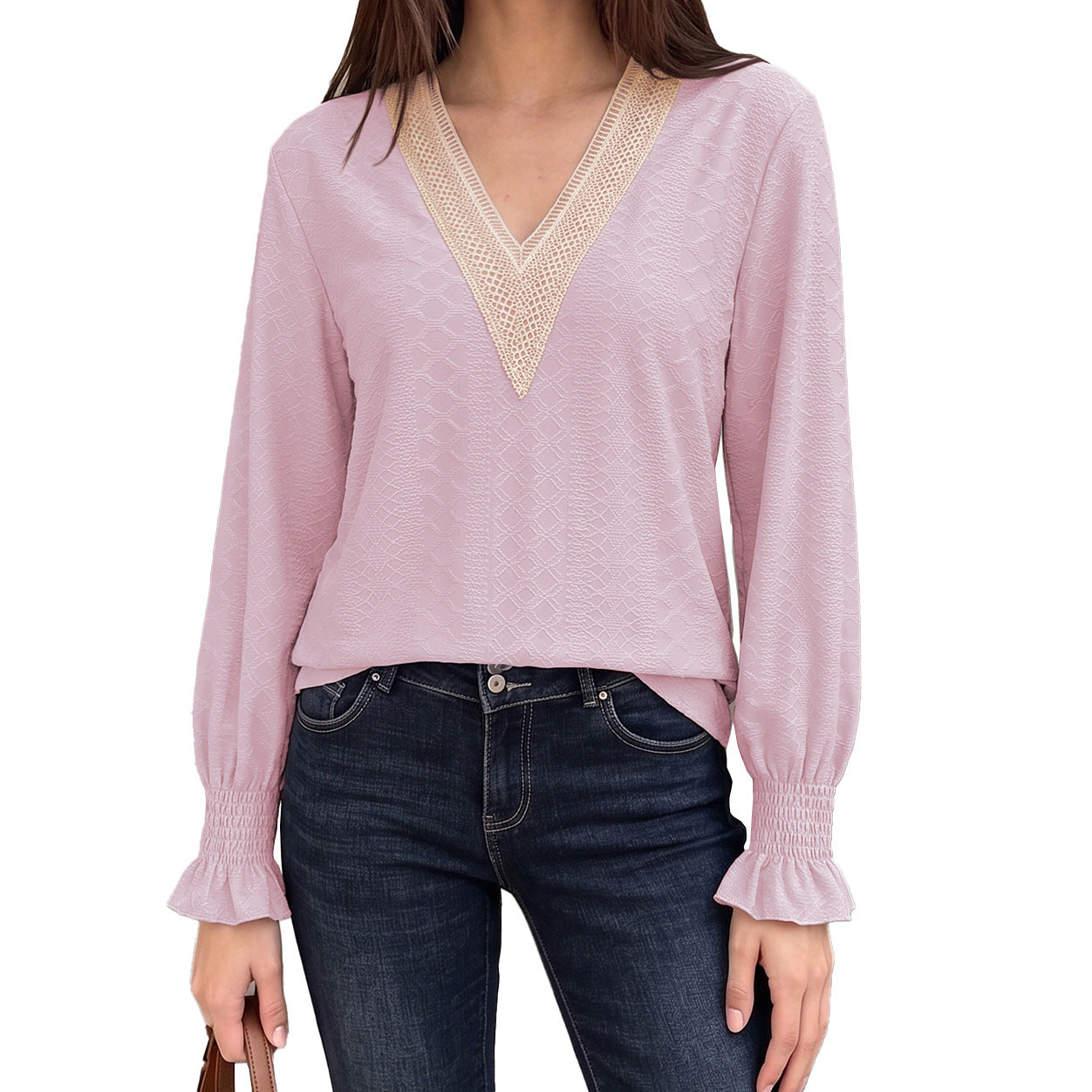 V-Neck Lace Trim Smocked Cuff Long Sleeve Blouse