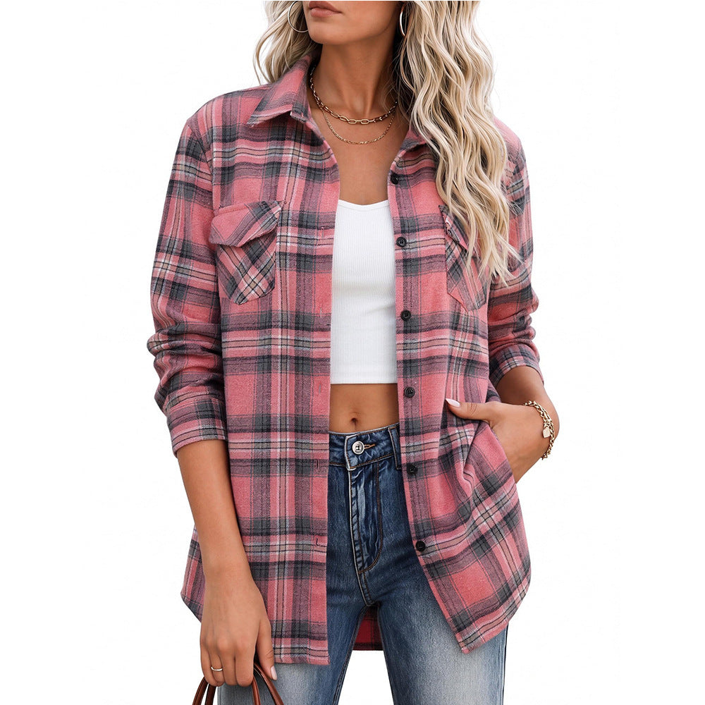 Plaid Button Down Pocket Shirt Casual Oversized Top