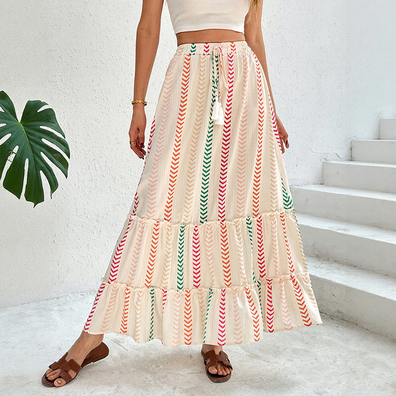 2025 Summer Color-Block Print Elastic Waist Bohemian Patchwork Skirt