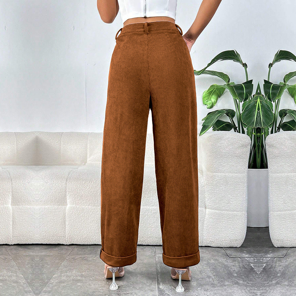 Corduroy High Waist Pleated Straight Leg Pants