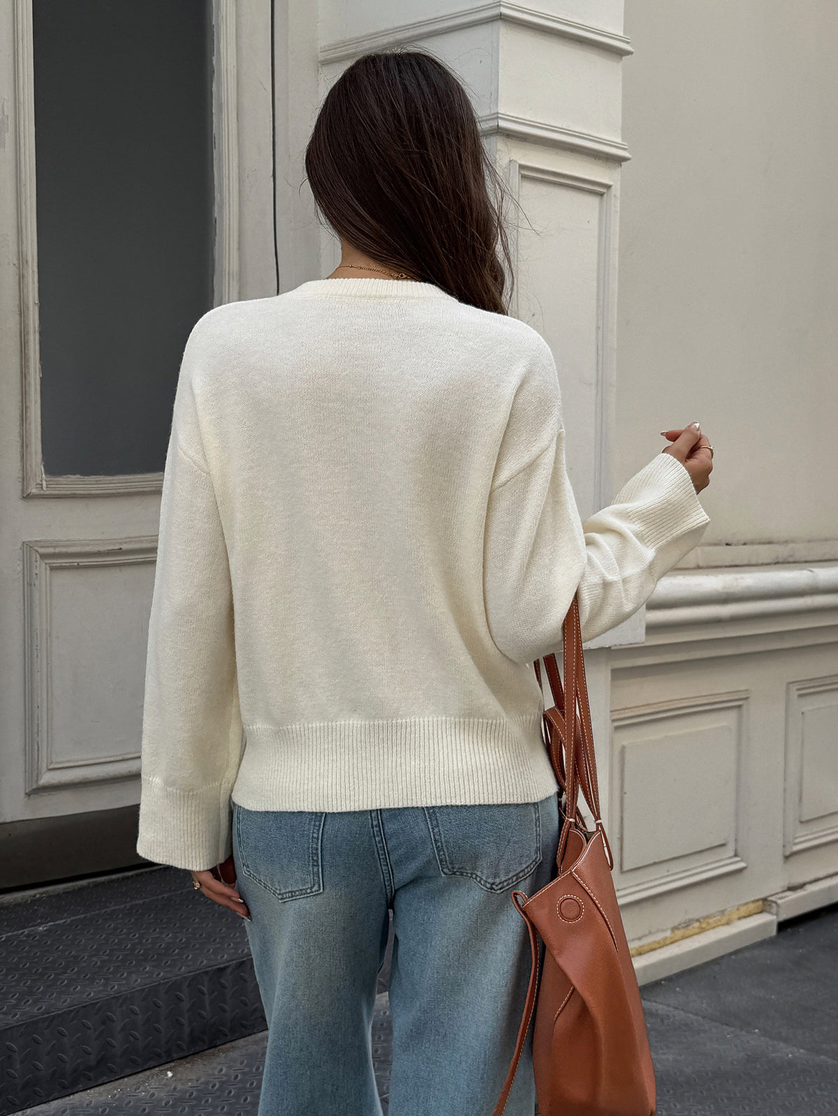 Women's Oversized Cropped Crew Neck Knit Sweater