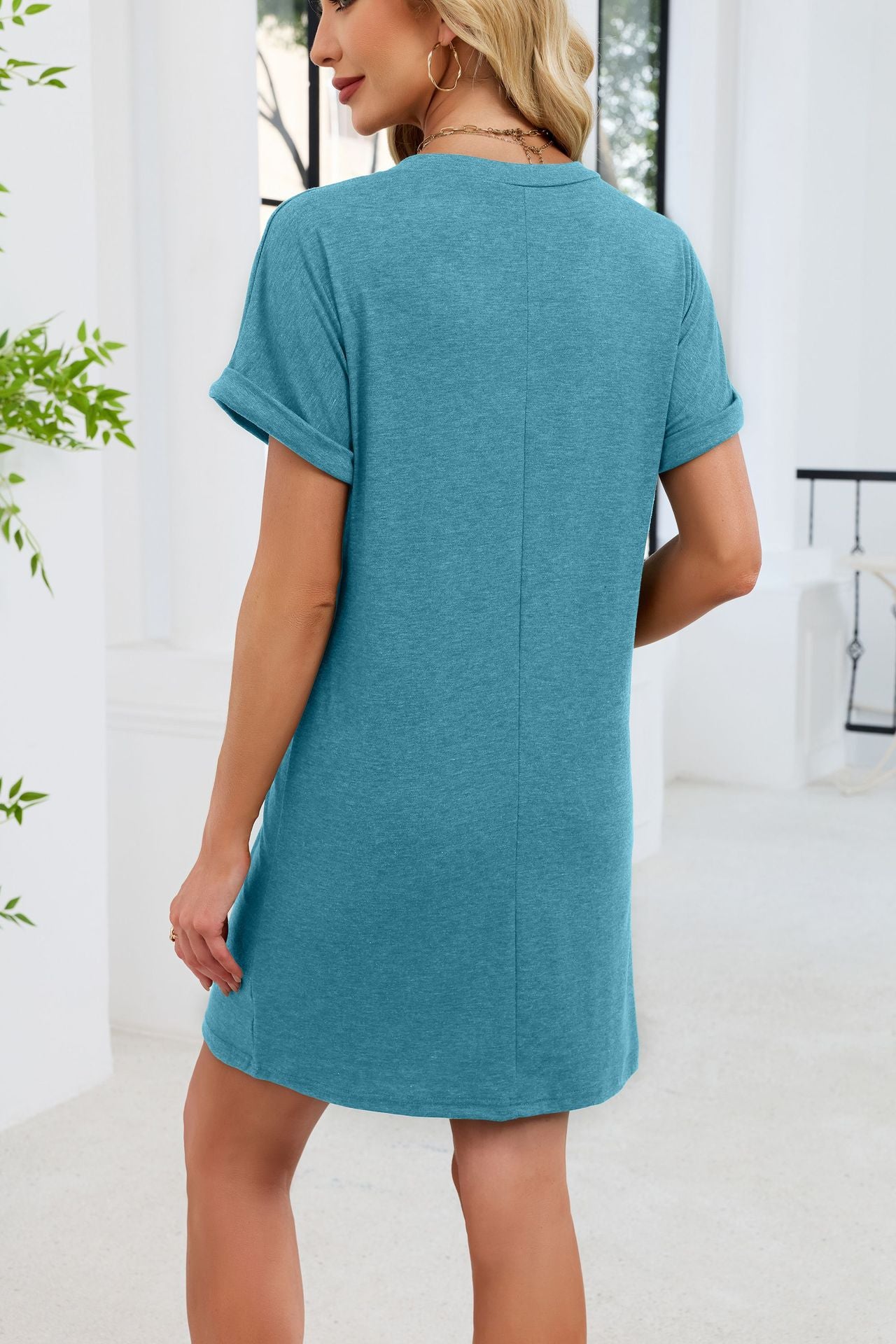 Casual V-Neck Short Sleeve Button Mini T-Shirt Dress