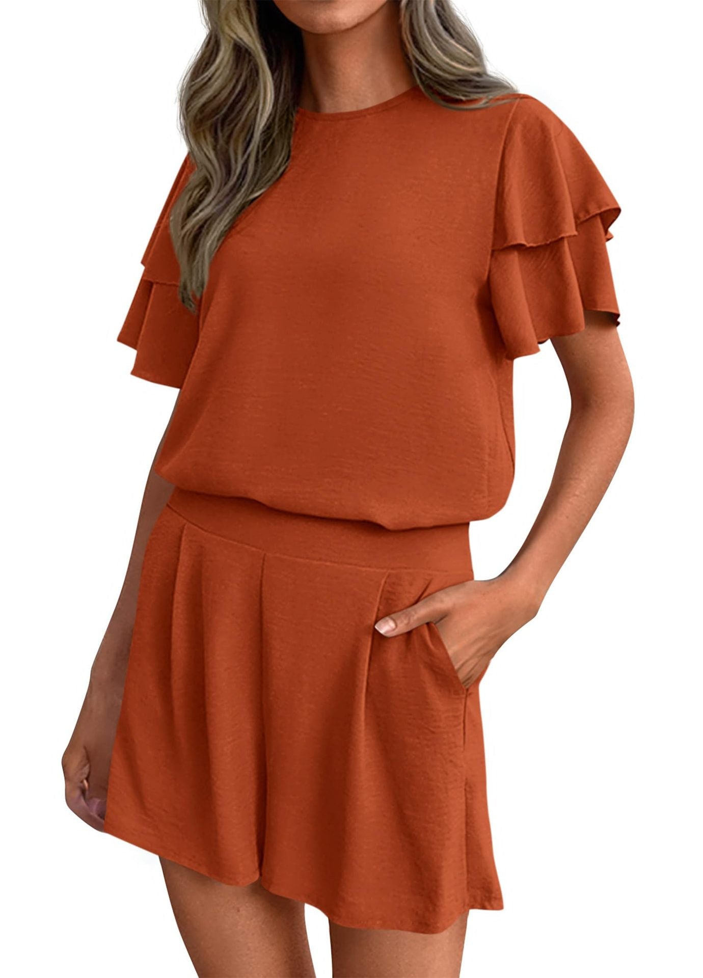 Casual Solid Ruffle Sleeve Short Set Lounge Outfit