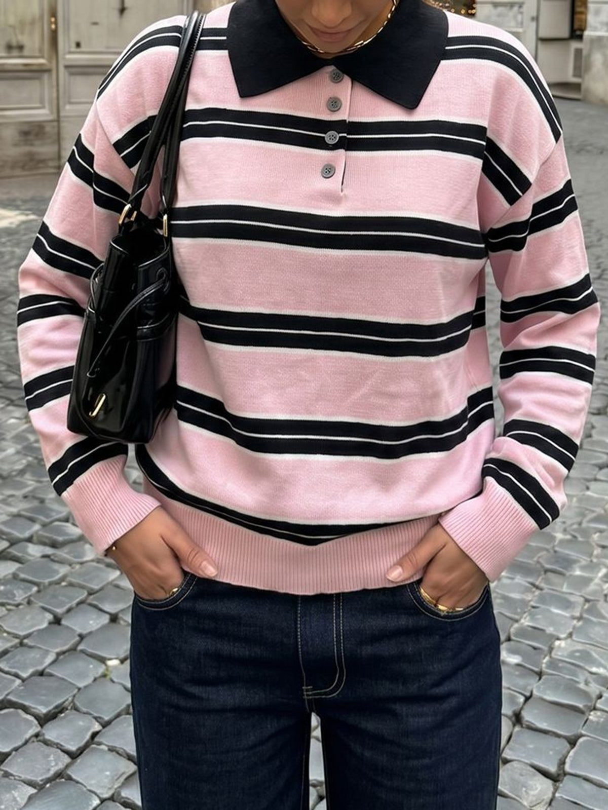 Women's Pink Striped Polo Sweater Long Sleeve Knit Top