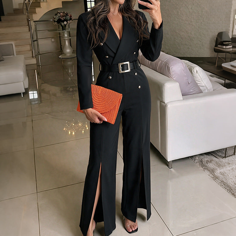 Womens Belted Blazer Jumpsuit High Waist Split Flare Leg
