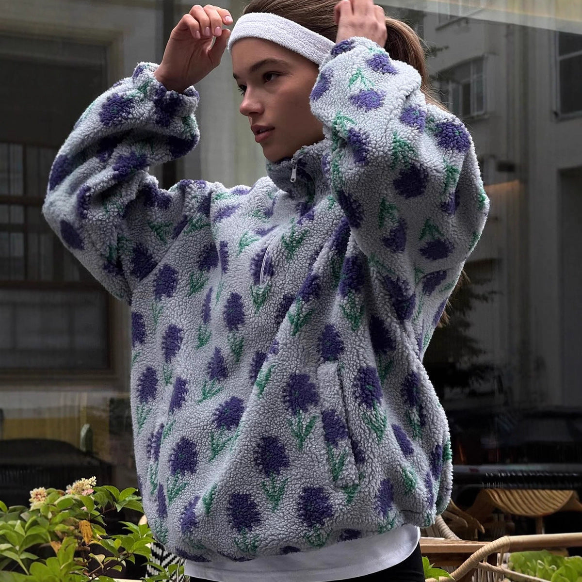 Floral Sherpa Fleece Half-Zip Pullover, Oversized