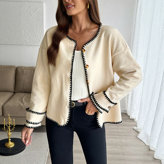 Color Block Trim Fleece Knit Round Neck Cardigan Jacket