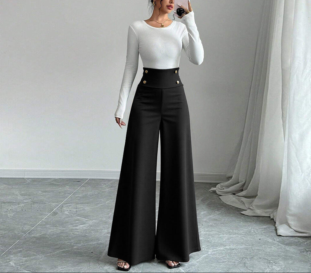 High Waist Button Detail Wide Leg Dress Pants