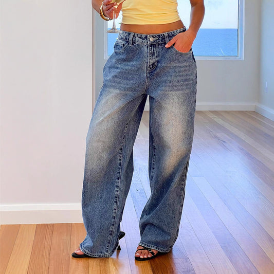 Washed Denim Jeans Vintage Mid Rise Baggy Wide Leg