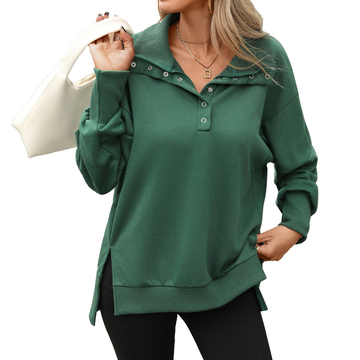 Women's Oversized Button Collar Long Sleeve Sweatshirt