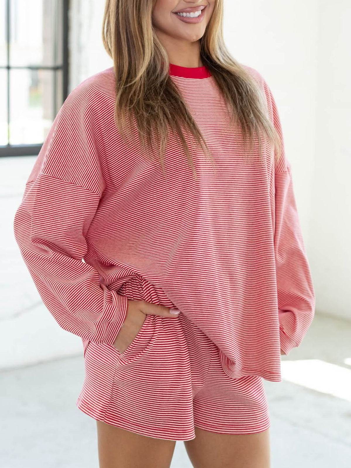 Women's Striped Oversized Long Sleeve Lounge Shorts Set