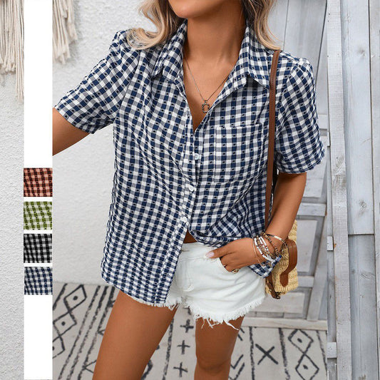 Casual Gingham Short Sleeve Button Down Shirt with Pocket