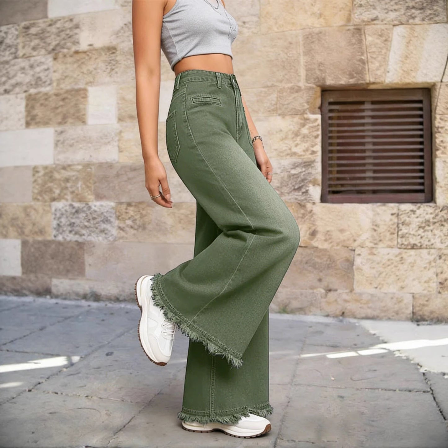 Washed Denim Jeans Vintage High Waist Wide Leg Fringe