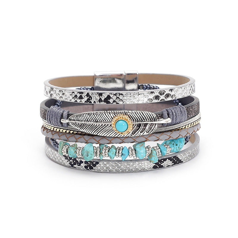 Boho Leather Feather Turquoise Wrap Bracelet for Women