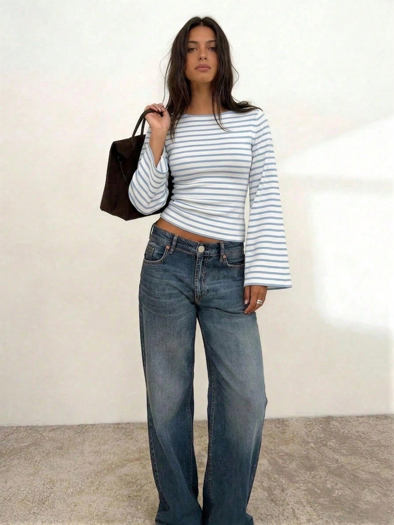 Women's Y2K Striped Bell Sleeve Fitted Crop Top Casual Tee