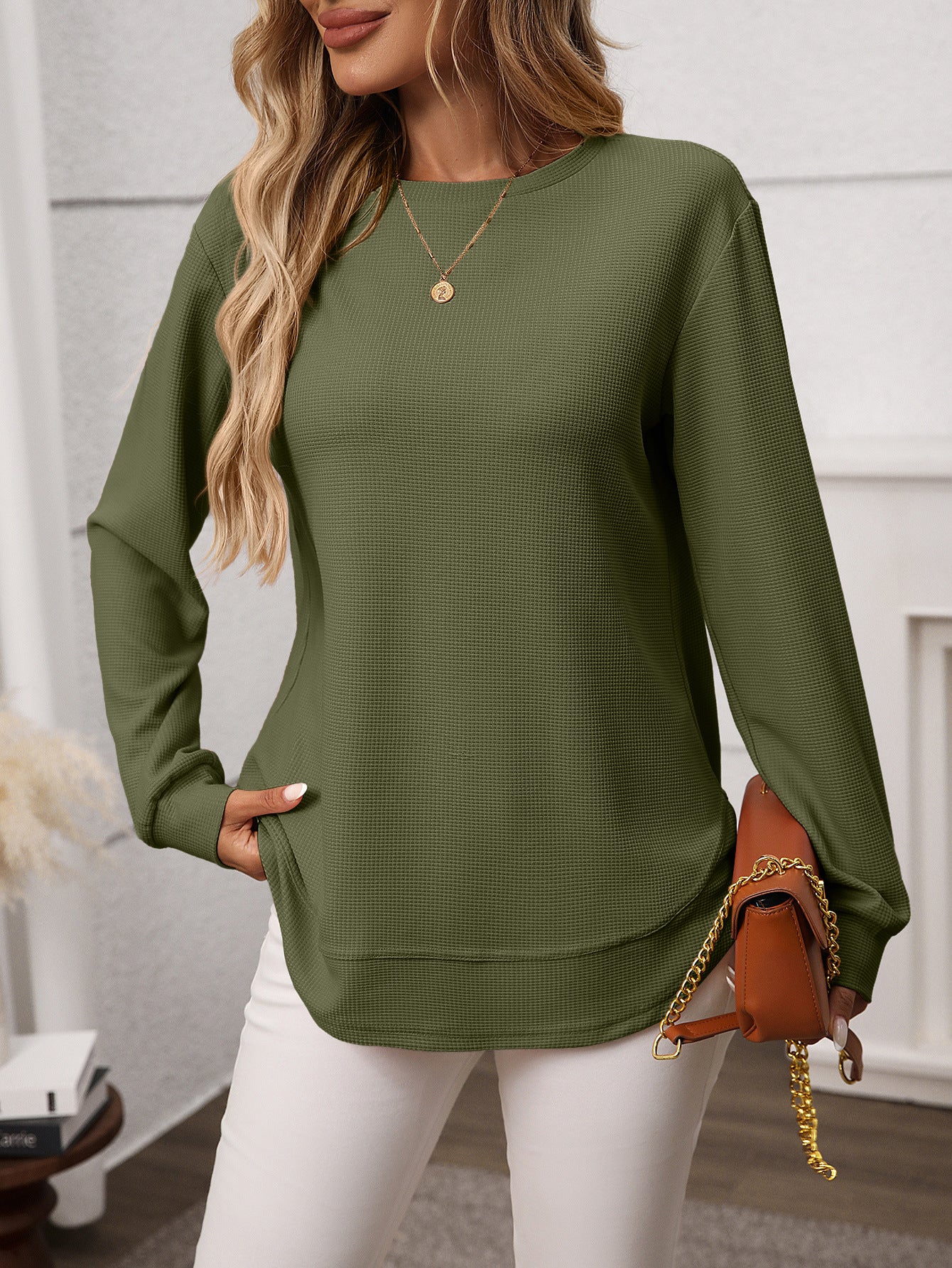 Waffle Knit Long Sleeve Top Relaxed Fit Casual Pullover