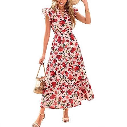 Floral V Neck Flutter Sleeve A Line Midi Dress