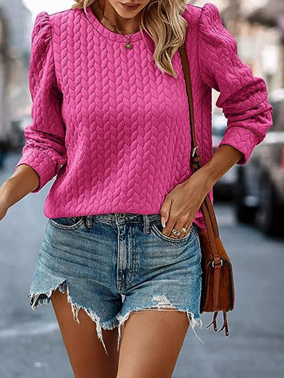 Solid Top Casual Textured Puff Sleeve Pullover